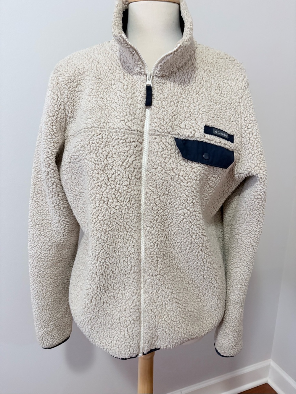 Columbia Cream Sherpa Zip Jacket with Navy Chest Pocket